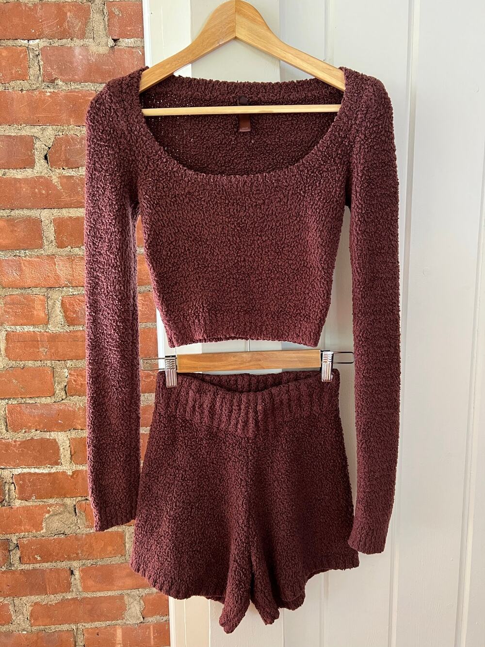 SKIMS Cozy Knit Scoop Neck Crop Top Shorts Set Teddy Bear Brown XXS XS